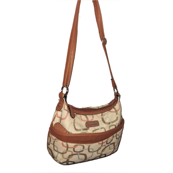 ROSSETTI  Liz Claiborne Beige Cream & Brown Shoulder Bag with Geometric Pattern - Picture 4 of 15